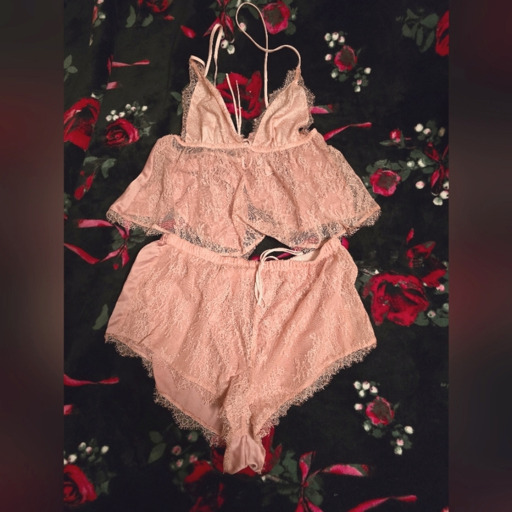 Victoria's Secret pink lace and satin chemise and shorts set